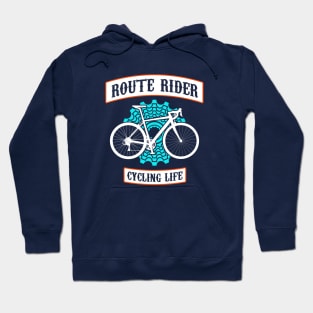 Route rider, cycling life art with blue back cassette or back pinion and white route bycicle Hoodie